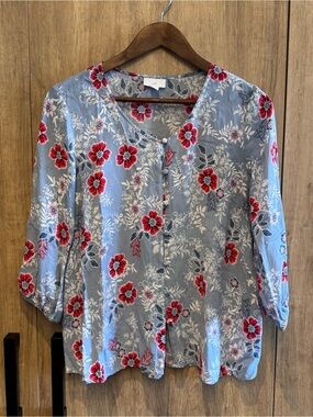 J. Jill Dainty Light Blue Red Button Down Coastal Blouse Women’s Petite M Flowy